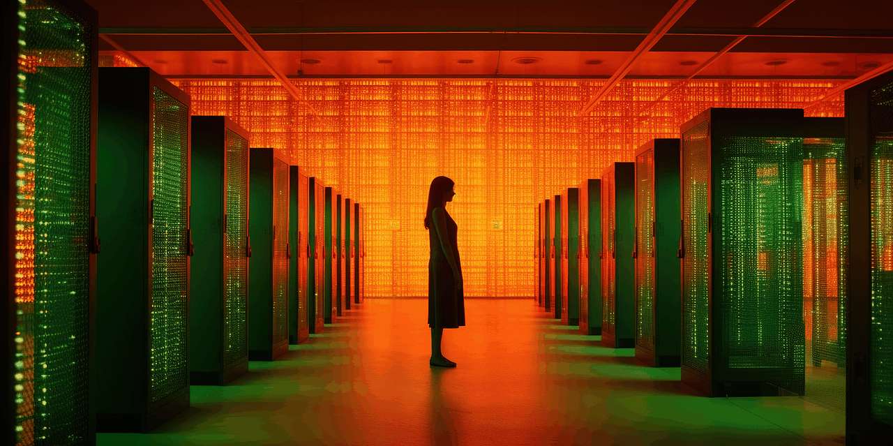 Immagine si una donna in una sala server illuminata di rosso.