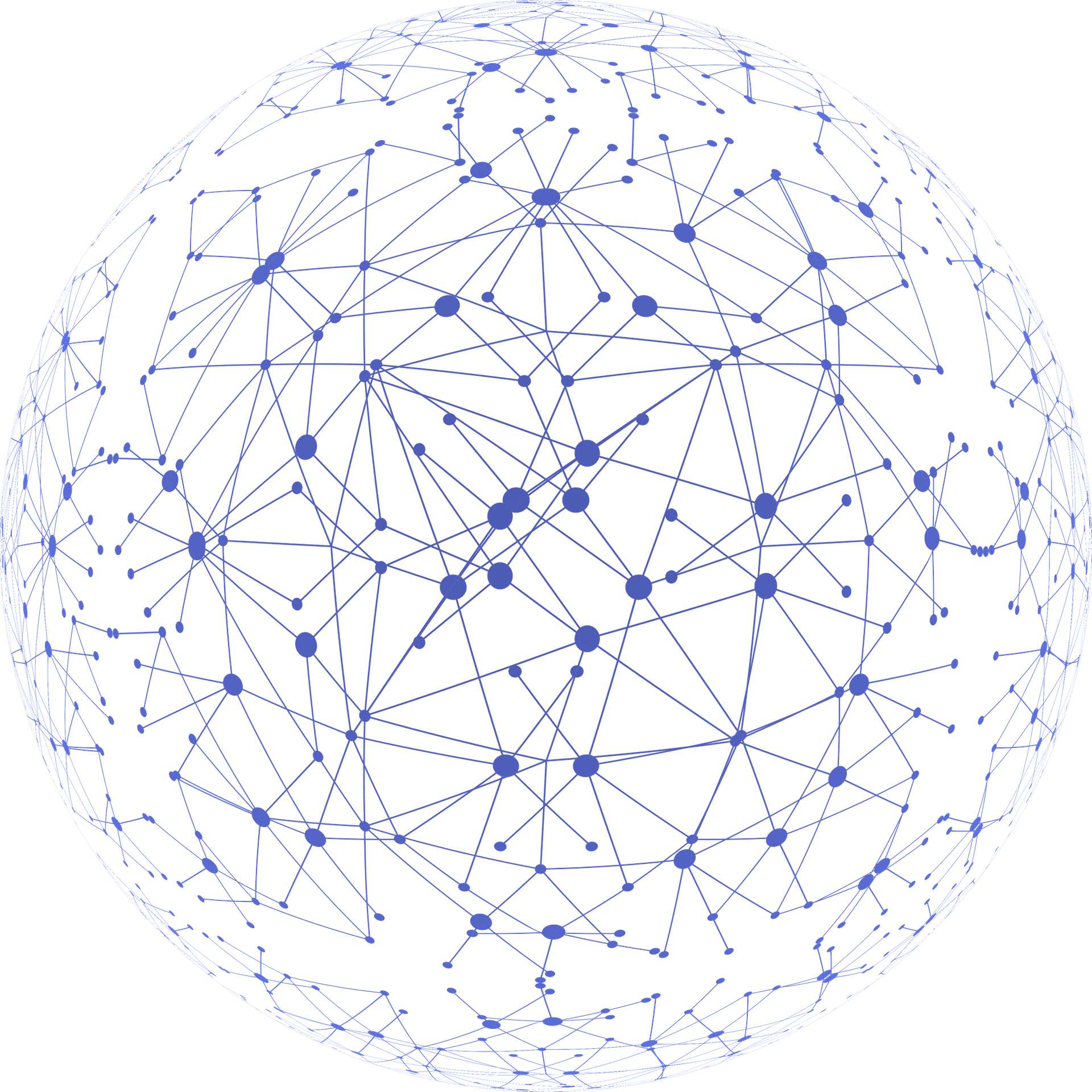 Un'immagine simbolica sferica di una fitta rete di connessioni dati tra computer.